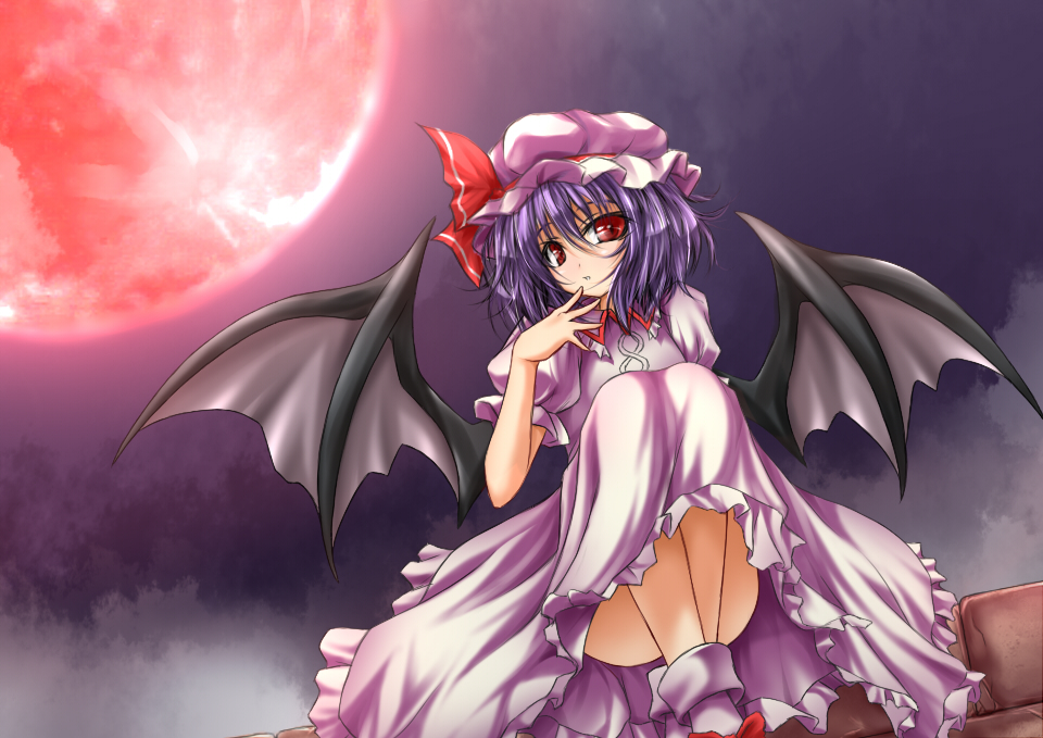 1girl bat_wings dutch_angle full_moon hat hat_ribbon looking_at_viewer moon night purple_hair red_eyes red_moon remilia_scarlet ribbon roura short_hair sitting sky slit_pupils solo touhou wings