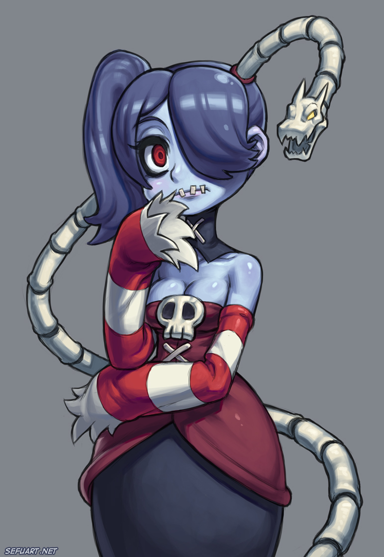 1girl bare_shoulders blue_hair blue_skin blush breasts cleavage detached_sleeves dress hair_over_one_eye hand_to_mouth leviathan_(skullgirls) long_hair long_skirt red_eyes side_ponytail skirt skull skullgirls solo speh squigly_(skullgirls) stitched_mouth strapless_dress striped_sleeves zombie