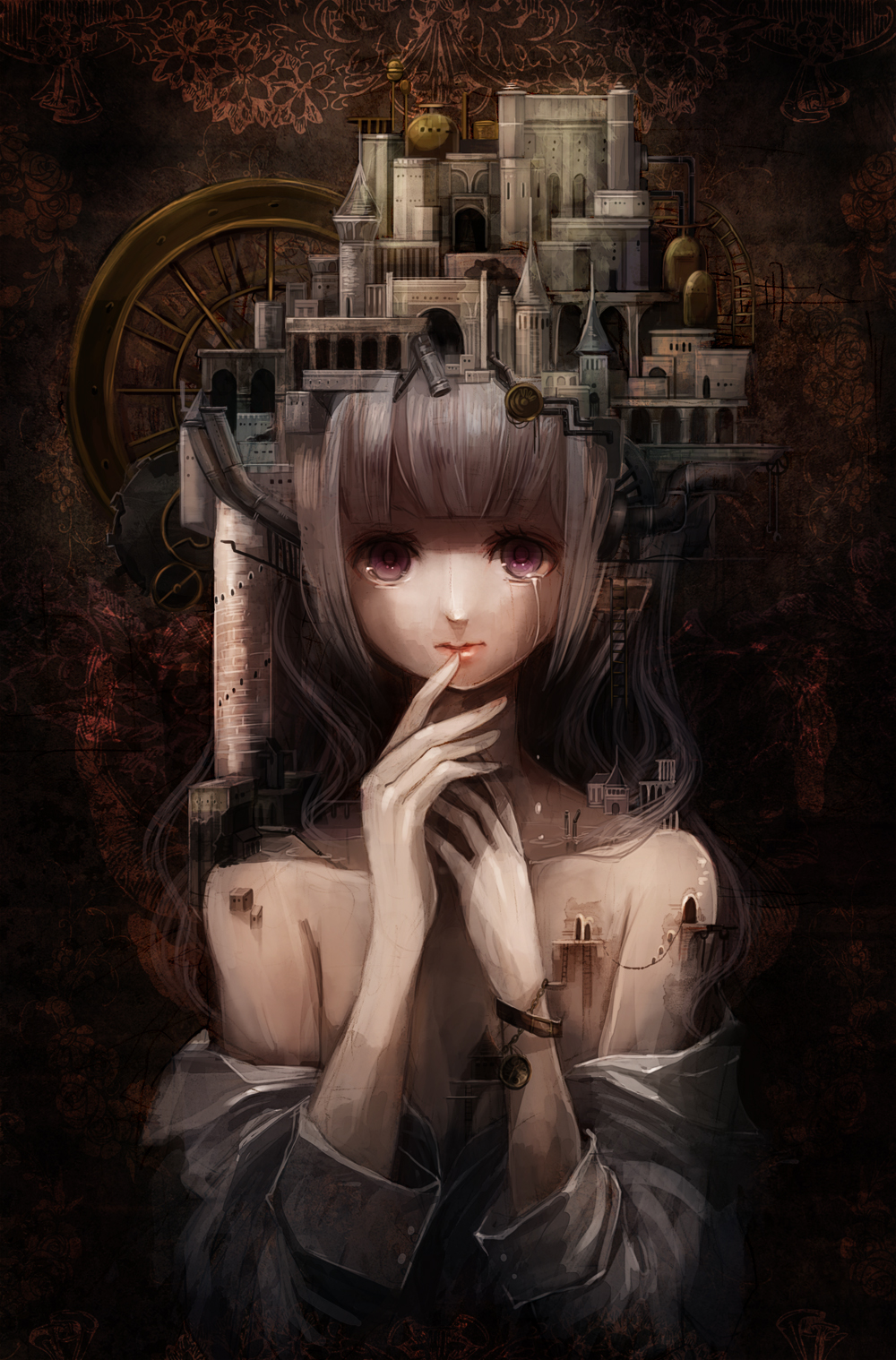 1girl aka_tonbo_(lovetow) bare_shoulders chain city crying hat long_hair original shirt solo surreal violet_eyes white_hair