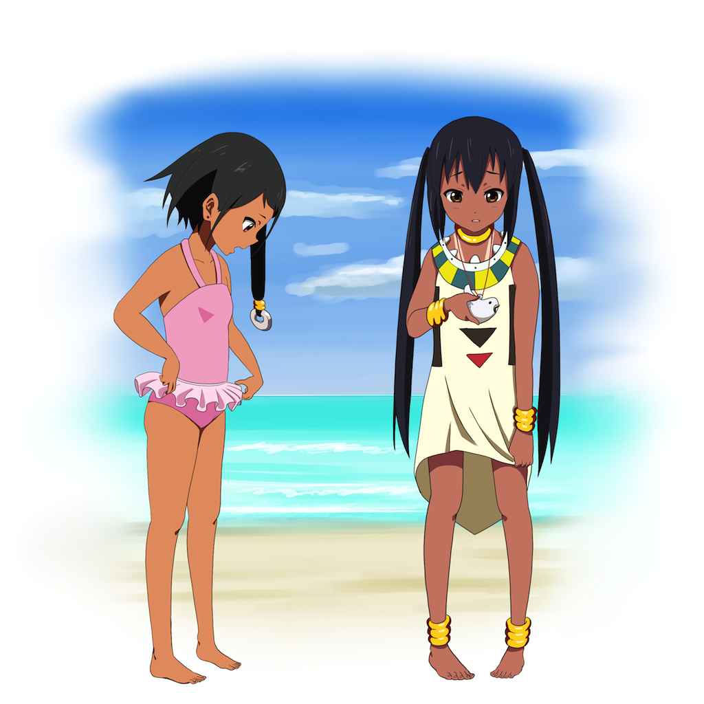 2girls anklet b_(papiopine) barefoot beach black_hair bracelet brown_eyes casual_one-piece_swimsuit choi_mochimazzui choi_mochimazzui_(cosplay) company_connection cosplay costume_switch crossover dark_skin frilled_swimsuit frills halterneck jewelry k-on! kyoto_animation long_hair multiple_girls nakano_azusa nakano_azusa_(cosplay) ocean one-piece_swimsuit payot pink_swimsuit swimsuit tamako_market tan tanline twintails water