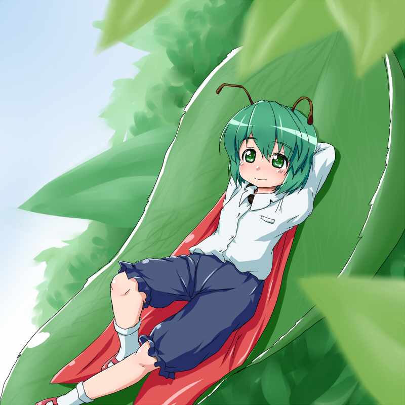 1girl antennae arms_behind_head blue_sky blurry cape depth_of_field dress_shirt green_eyes green_hair knee_up kneehighs leaf long_sleeves looking_away mary_janes reclining shirt shoes short_hair shorts sky smile solo touhou waribashi-p wriggle_nightbug