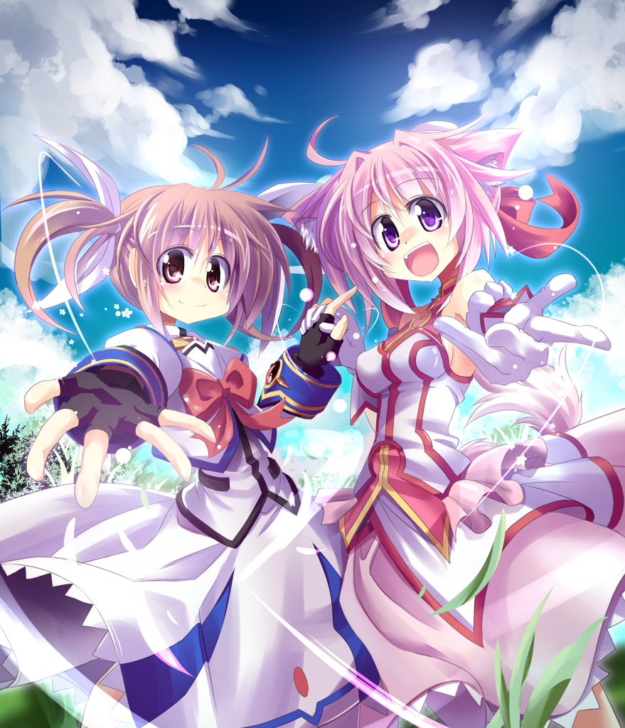 2girls :d ahoge animal_ears bare_shoulders bow breasts brown_hair clouds crossover dog_days dog_ears dress fingerless_gloves gloves grass holding_hands kazekawa_nagi lyrical_nanoha magical_girl mahou_shoujo_lyrical_nanoha millhiore_f_biscotti multiple_girls open_mouth pink_hair puffy_sleeves short_twintails sky smile tail takamachi_nanoha twintails violet_eyes