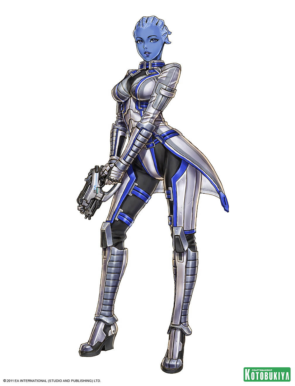 1girl alien armor asari_(mass_effect) blue_eyes blue_skin breasts collar mass_effect weapon yamashita_shun'ya