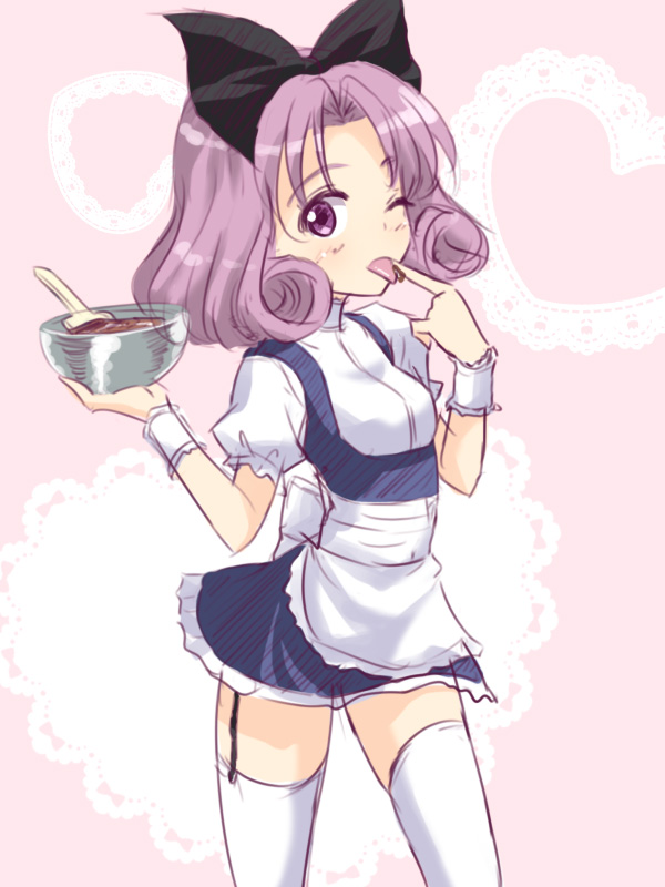 1girl bowl chocolate dress licking masakichi_(crossroad) purple_hair shirayuki_(sister_princess) short_hair sister_princess thigh-highs violet_eyes whisk wink