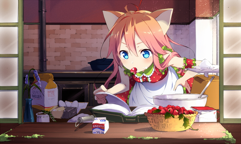 1girl animal_ears apron bare_shoulders blue_eyes book brown_hair food fruit hand_on_hip kitchen long_hair milk mouth_hold original sama solo strawberry sweatdrop