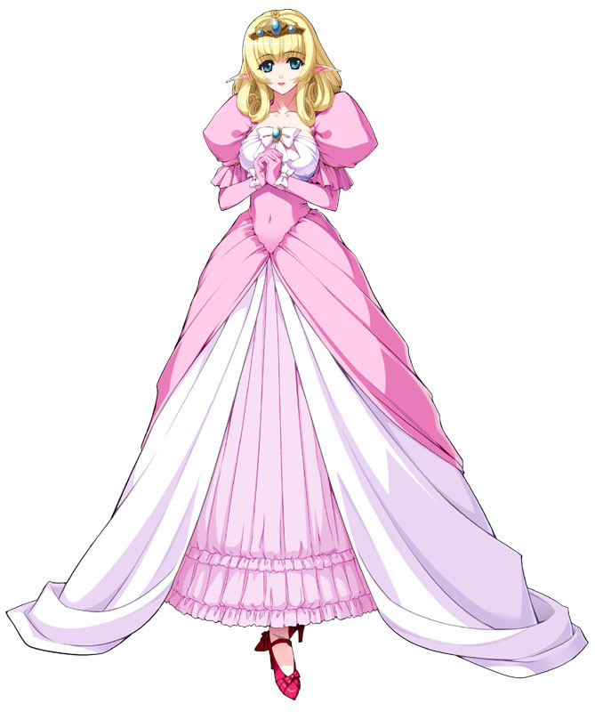 1girl blonde_hair blue_eyes brooch curly_hair dress elbow_gloves elf frilled_dress frills gloves gown high_heels himekishi_olivia jewelry laura_elfinrine long_hair official_art pink_dress pointy_ears ribbon shoes shoulder_pads smile solo tiara white_background