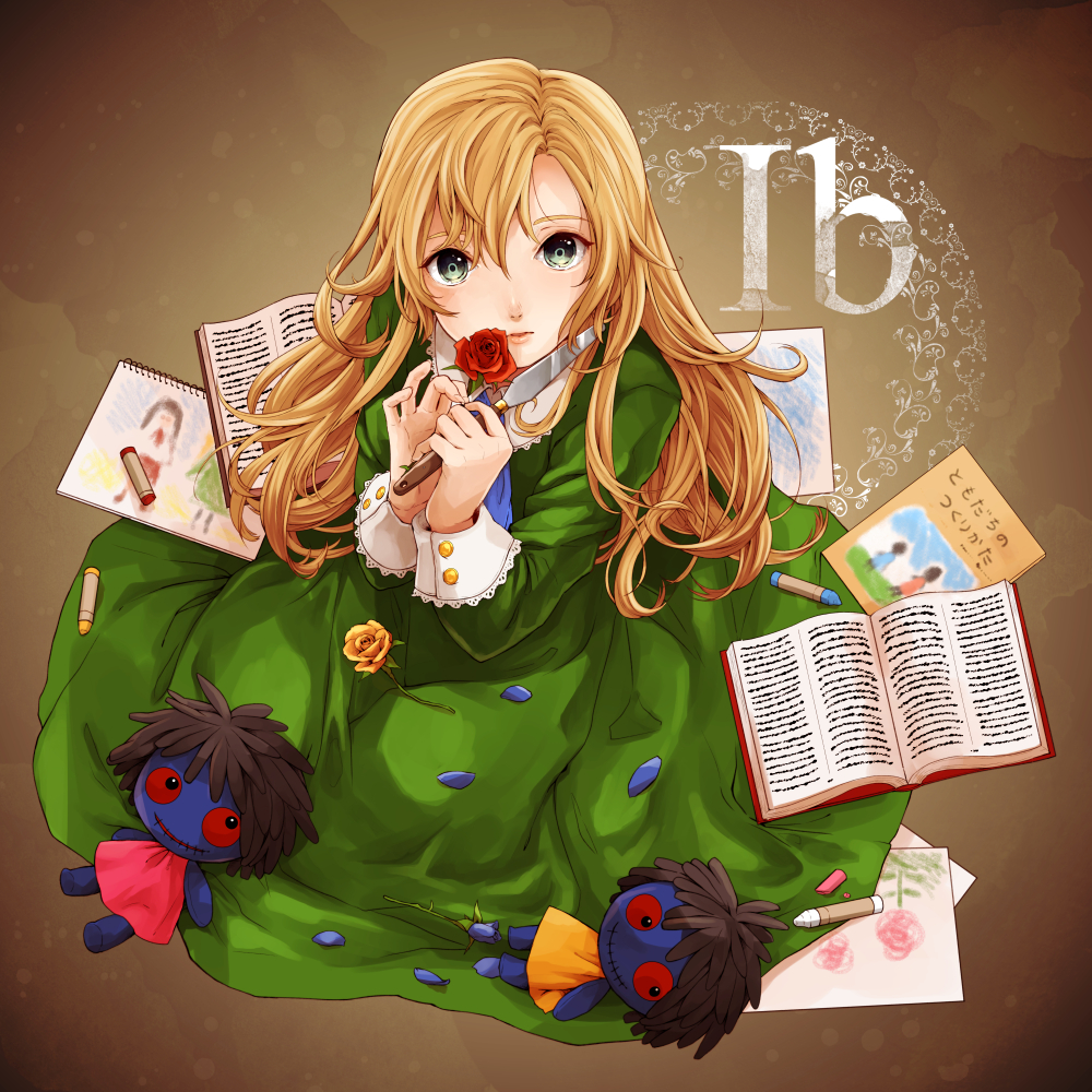 778-go blonde_hair book brown_background crayon doll dress flower green_eyes ib knife looking_at_viewer mary_(ib) palette_knife petals rose sketchbook