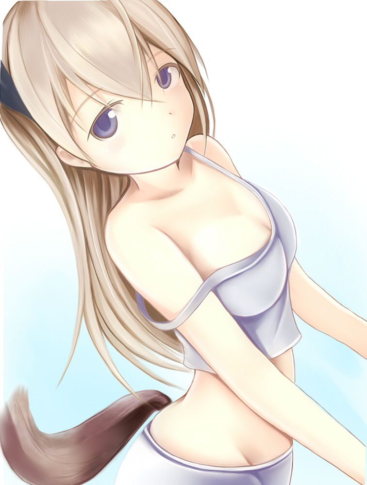 1girl bare_shoulders blonde_hair breasts collarbone eila_ilmatar_juutilainen long_hair looking_at_viewer midriff nanacy7 simple_background solo strap_slip strike_witches tail violet_eyes white_background