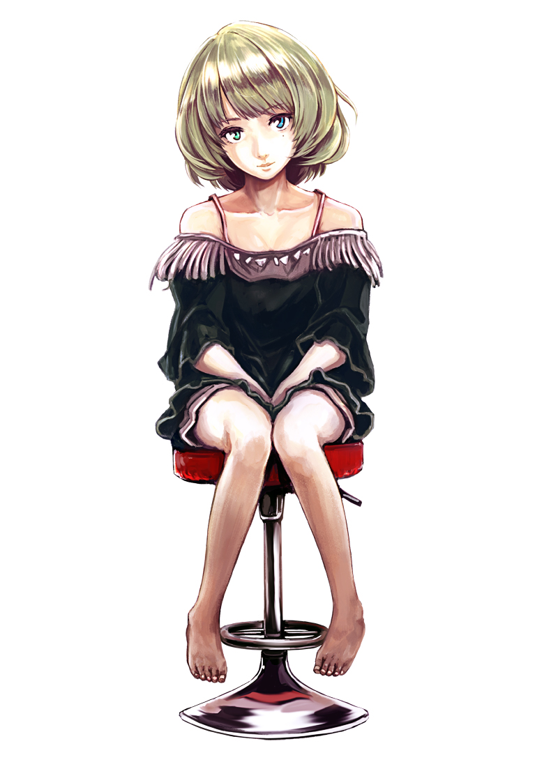 1girl bare_shoulders barefoot blue_eyes green_eyes green_hair heterochromia idolmaster idolmaster_cinderella_girls infinote mole short_hair solo strap_slip takagaki_kaede