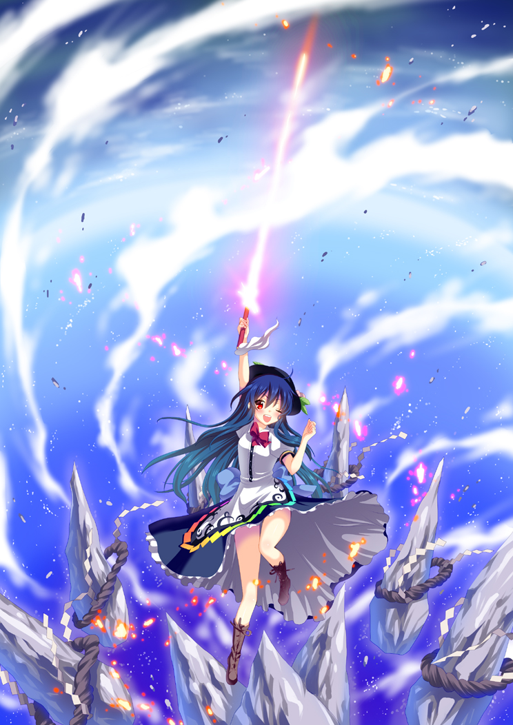 1girl ;d arm_up bare_legs blue_hair boots dress hinanawi_tenshi icicle keystone lace-up_boots long_hair open_mouth red_eyes saki_chisuzu sky smile solo sword_of_hisou touhou wink