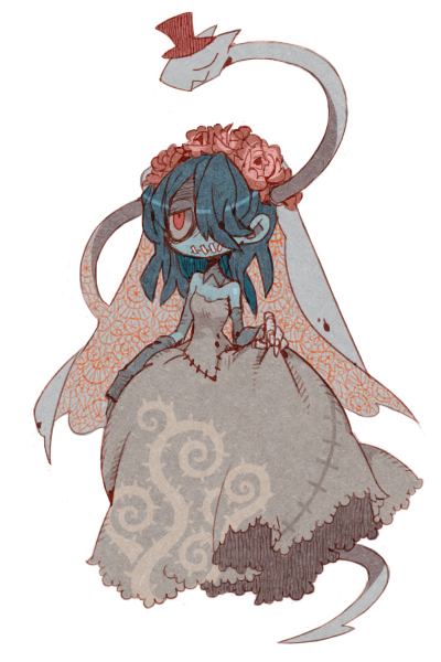 1girl bare_shoulders blue_hair blue_skin bridal_veil detached_collar detached_sleeves dress hair_over_one_eye hat leviathan_(skullgirls) long_hair red_eyes skullgirls solo squigly_(skullgirls) stitched_mouth top_hat veil wedding_dress yamada9000 zombie