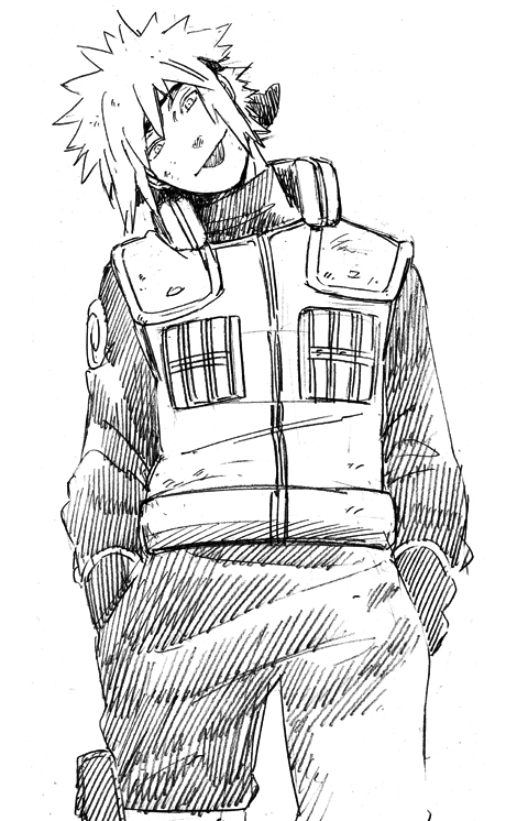 1boy :p flak_jacket forehead_protector hands_in_pockets looking_at_veiwer male monochrome namikaze_minato naruto sketch solo tongue