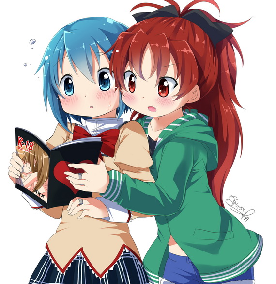 2girls :o blue_eyes blue_hair blush bow brown_hair doujinshi gleision_adain hair_ribbon heart hoodie jacket jewelry mahou_shoujo_madoka_magica manga_(object) miki_sayaka multiple_girls red_eyes redhead ribbon ring sakura_kyouko school_uniform shorts skirt