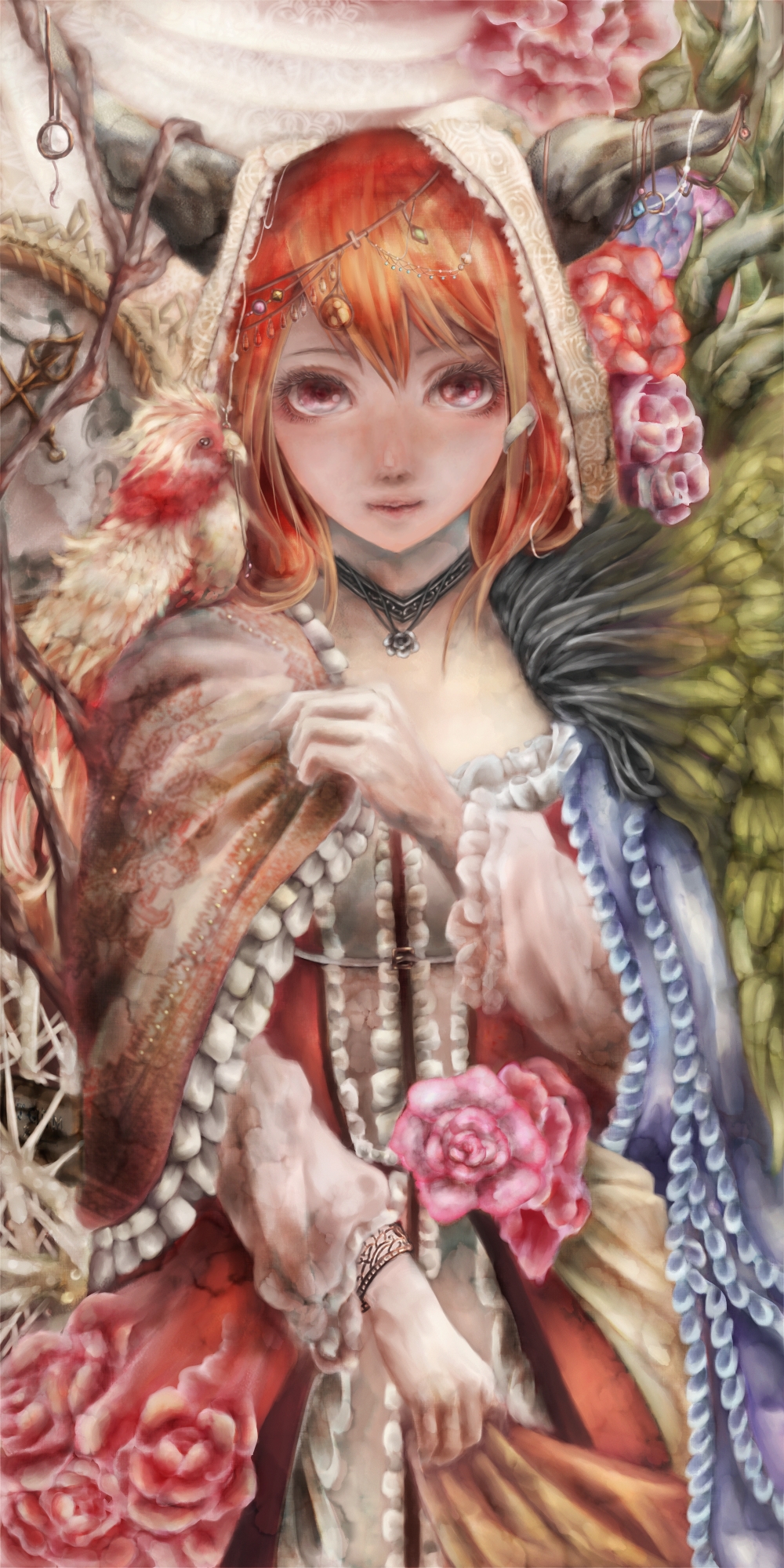 1girl bird bracelet cloth clothes_grab eyelashes flower frills highres hogecomhoge hood horns jewelry looking_at_viewer maou_(maoyuu) maoyuu_maou_yuusha necklace orange_hair parrot red_eyes rose solo