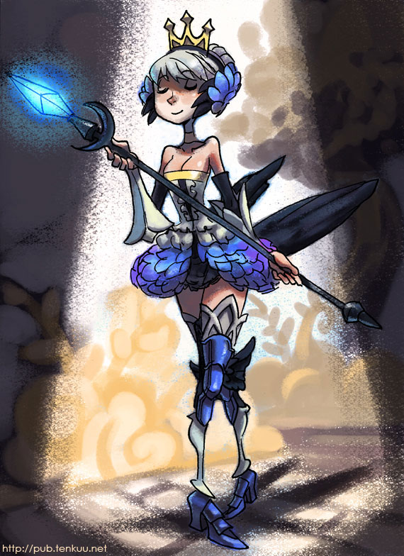 1girl alex_ahad armor armored_dress bare_shoulders breasts choker cleavage crown elbow_gloves gloves greaves gwendolyn hair_ornament odin_sphere polearm short_hair silver_hair solo spear thigh-highs weapon