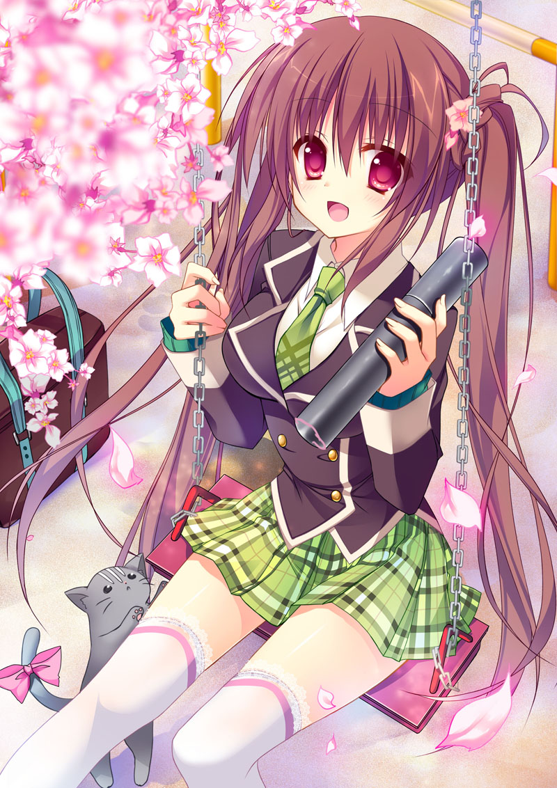 1girl :&lt; :d bag brown_hair cat cherry_blossoms kiseri_momo lace lace-trimmed_thighhighs necktie open_mouth pink_eyes plaid plaid_skirt ribbon school_uniform skirt smile swing_set tagme tail tail_ribbon thigh-highs twintails white_legwear zettai_ryouiki