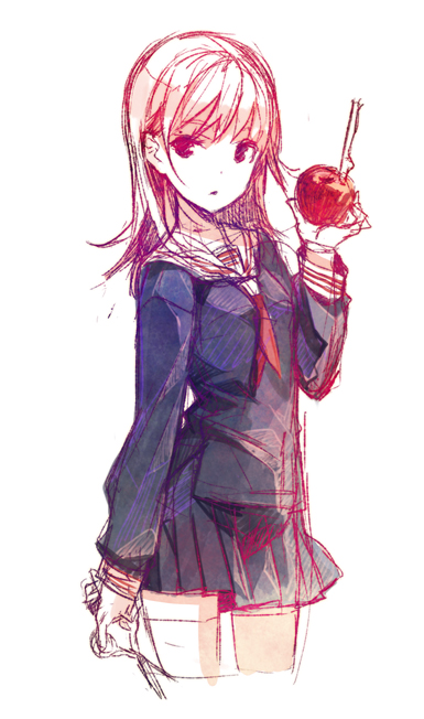 apple character_request food fruit h2so4 school_uniform scissors skirt thigh-highs white_hair