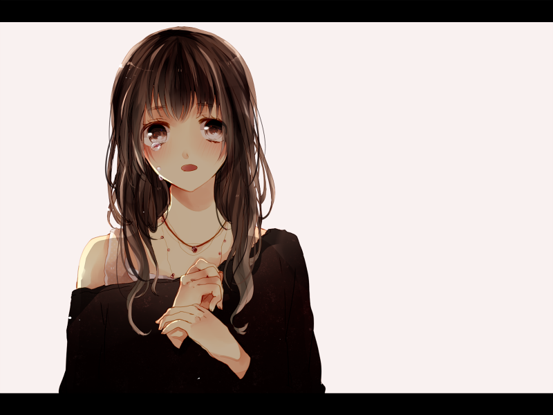 1girl a-shima227 brown_eyes brown_hair crying jewelry long_hair necklace off_shoulder original tears