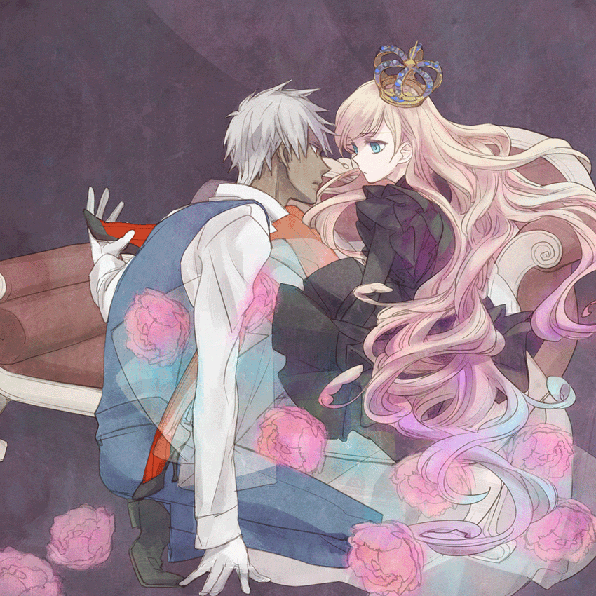 1boy 1girl a_(shiei_no_sona-nyl) black_dress blonde_hair blue_eyes couch crown dark_skin dress enoki eye_contact flower gloves high_heels holding_another's_foot kneeling long_hair looking_at_another pantyhose red_legwear rose_witch shiei_no_sona-nyl shoes short_hair sitting very_long_hair white_gloves white_hair