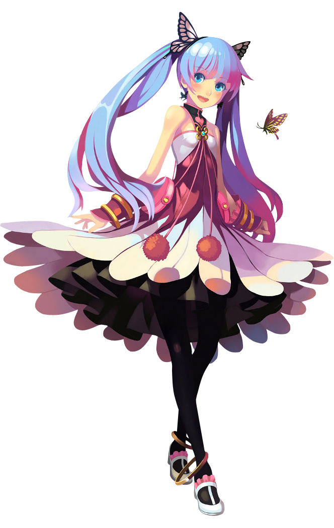 1girl :d anklet bare_shoulders black_legwear blue_eyes blue_hair butterfly butterfly_hair_ornament character_request dress hair_ornament jewelry long_hair open_mouth pantyhose smile solo toki_to_towa twintails vofan