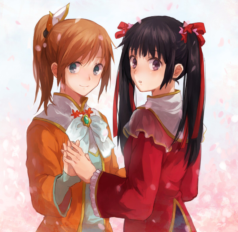 2girls black_hair blue_eyes bow brown_hair bust da_qiao hair_ornament hair_ribbon long_hair multiple_girls ponytail ribbon riru shin_sangoku_musou siblings sisters smile twintails violet_eyes xiao_qiao