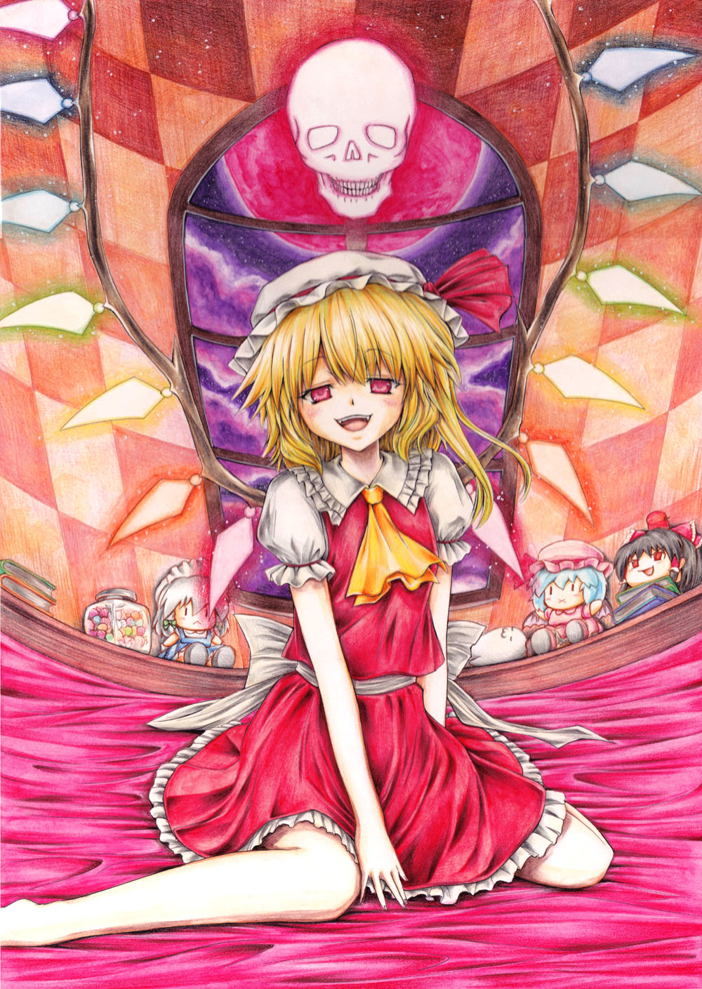 1girl ascot bare_legs character_doll checkered fangs flandre_scarlet full_moon hakurei_reimu hat hat_ribbon highres iroha_(nullpo) izayoi_sakuya moon open_mouth red_eyes red_moon remilia_scarlet ribbon siblings sisters skirt skirt_set smile solo touhou traditional_media window wings