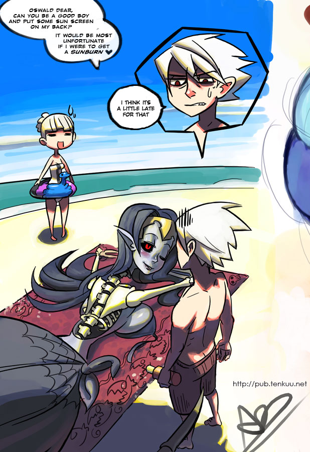 1boy 2girls alex_ahad beach_towel black_sclera blush breasts english gwendolyn innertube large_breasts long_hair multiple_girls odette odin_sphere oswald pointy_ears purple_skin red_eyes skeleton sunbathing white_hair