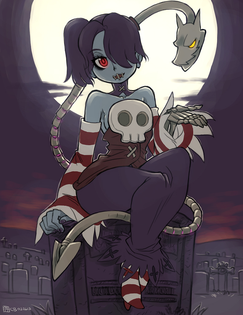 1girl bare_shoulders blue_hair blue_skin breasts crybringer detached_sleeves dress hair_over_one_eye leviathan_(skullgirls) red_eyes side_ponytail skull skullgirls smile squigly_(skullgirls) stitched_mouth zombie