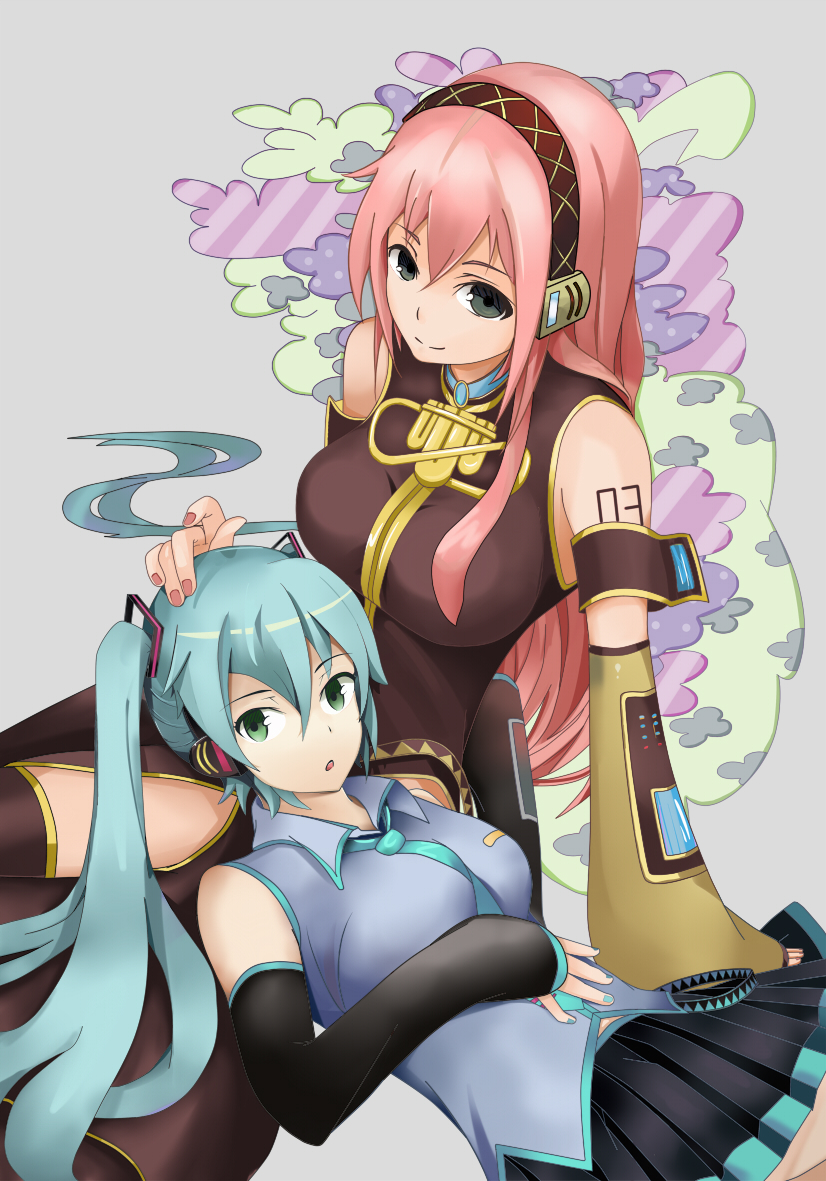 2girls aqua_hair detached_sleeves green_eyes hatsune_miku headphones lap_pillow long_hair megurine_luka multiple_girls necktie pink_hair roillingm sitting skirt thigh-highs twintails vocaloid