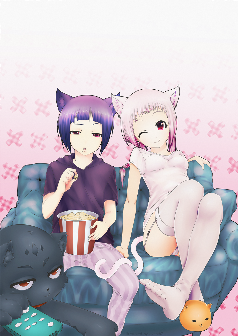animal_ears animal_slippers cat cat_ears cat_tail controller couch eventh7 feet garter_straps highres hoodie original pajamas panties pink_hair purple_hair red_eyes remote_control short_hair single_shoe t-shirt tail thigh-highs underwear wink