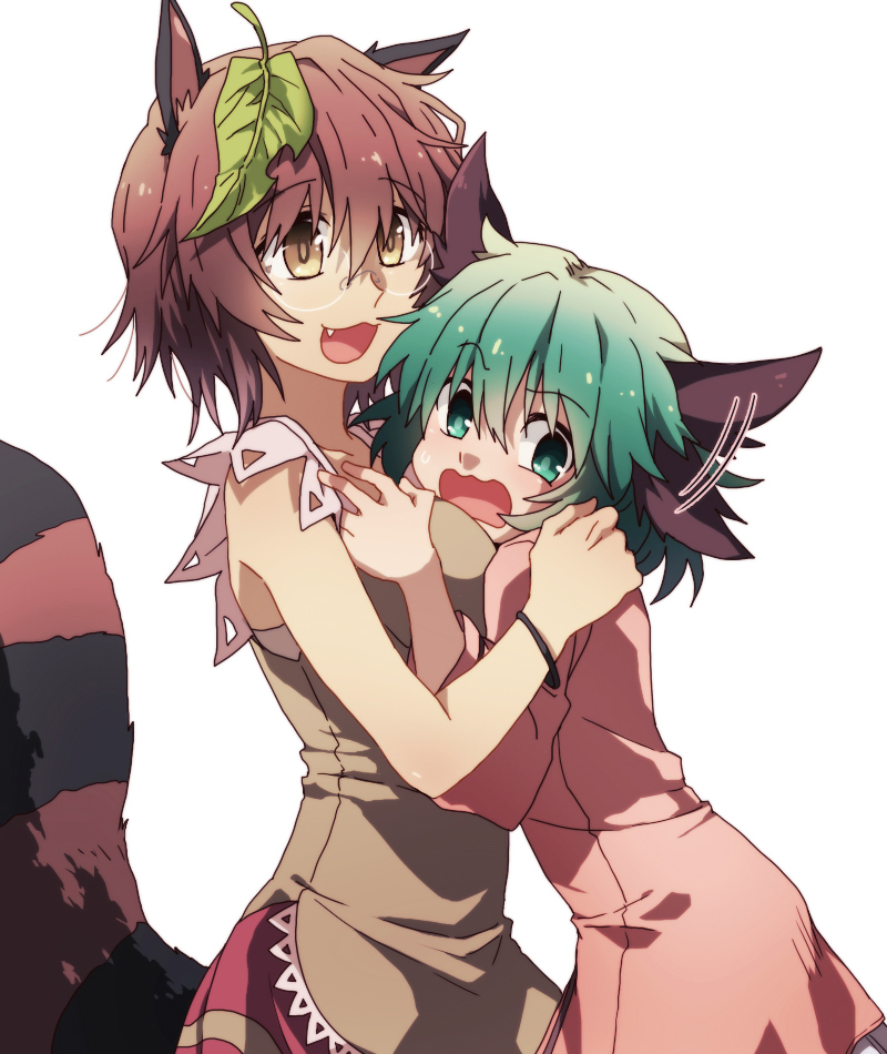 2girls animal_ears aqua_eyes aqua_hair brown_eyes brown_hair dress fangs flapping_ears futatsuiwa_mamizou glasses grey_eyes kasodani_kyouko multiple_girls open_mouth pince-nez pink_dress raccoon_ears raccoon_tail rex_k short_hair skirt smile tail touhou