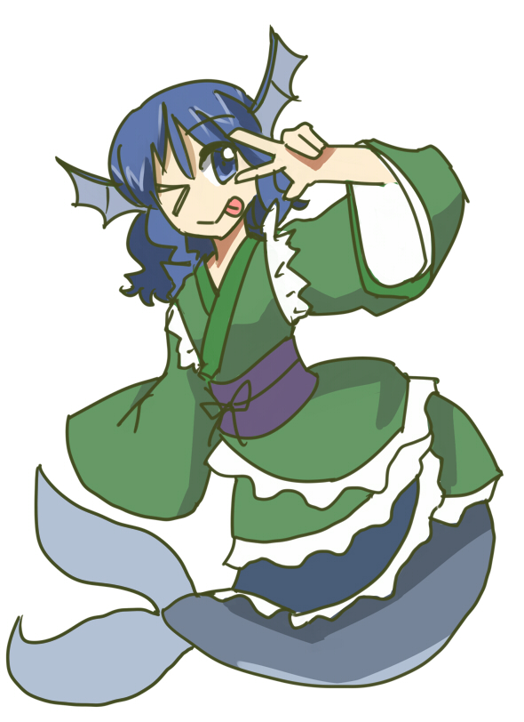 1girl blue_eyes blue_hair head_fins japanese_clothes long_sleeves mermaid monster_girl obi short_hair sleeves_past_wrists solo tongue tongue_out touhou wakasagihime white_background wink zassou_maruko