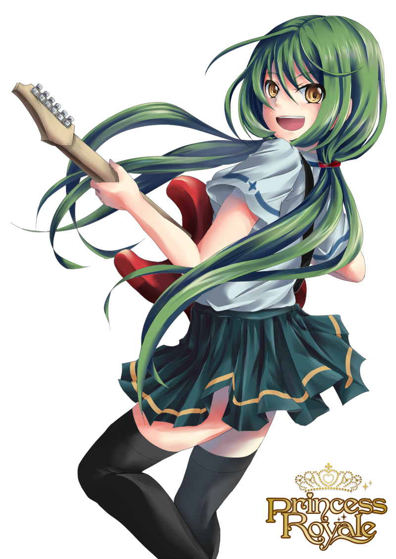 1girl black_legwear electric_guitar green_hair guitar instrument long_hair ooyake_masao original pixiv ponytail princess_royale school_uniform scrunchie skirt smile solo thigh-highs yellow_eyes zettai_ryouiki