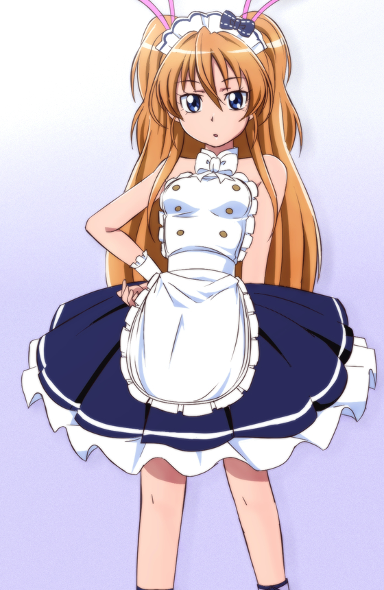 1girl alternate_costume apron blue_eyes bow female frills hair_ribbon hand_on_hip houjou_hibiki long_hair maid_headdress manji_(tenketsu) orange_hair precure ribbon solo suite_precure waitress wrist_cuffs