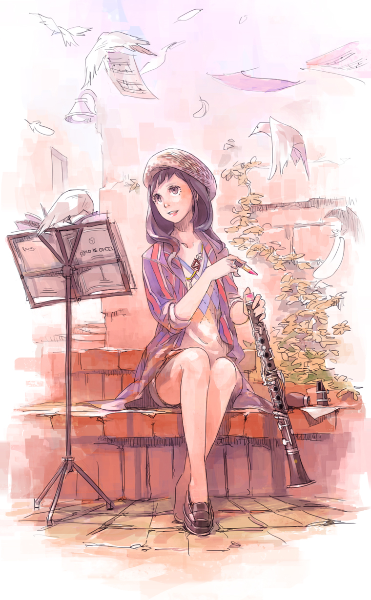 1girl bird black_eyes black_hair clarinet feathers highres holding instrument lamppost lipstick long_hair makeup original pomodorosa revision rough sheet_music sitting sleeves_rolled_up smile solo
