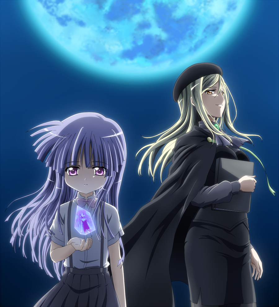 2girls ascot beret blonde_hair blood blue_hair book bowtie brown_eyes cape crystal full_moon furude_rika hat higurashi_no_naku_koro_ni lila_(artist) long_hair long_sleeves moon multiple_girls night night_sky nude parted_lips school_uniform short_sleeves skirt sky standing suspenders takano_miyo