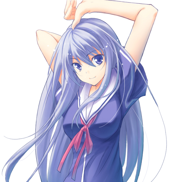 1girl arms_up blue_eyes bust long_hair natsukawa_masuzu ore_no_kanojo_to_osananajimi_ga_shuraba_sugiru ryouta school_uniform short_sleeves simple_background smile solo very_long_hair white_background