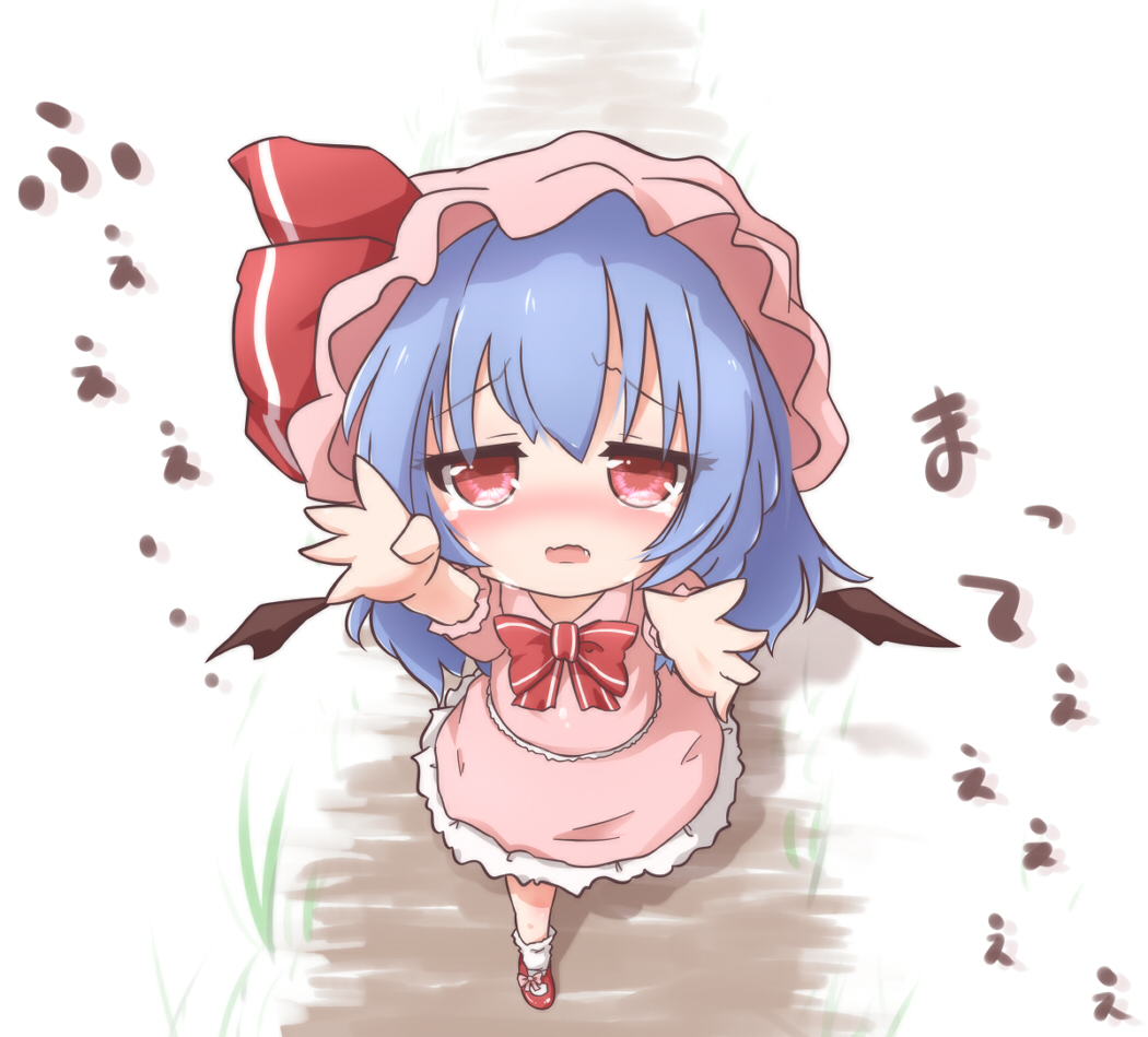 1girl bat_wings blue_hair blush bow commentary_request crying hat hat_ribbon kisa_(k_isa) open_mouth outstretched_arms puffy_sleeves red_eyes remilia_scarlet ribbon shirt short_sleeves skirt skirt_set solo tears touhou wavy_mouth wings
