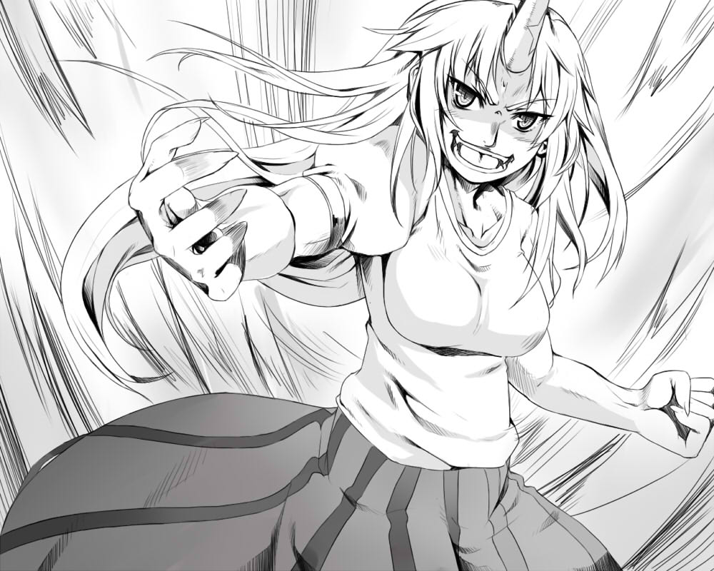 1girl breasts clenched_hand fingernails horn hoshiguma_yuugi kazami_tomo large_breasts long_hair monochrome oni sharp_fingernails skirt solo t-shirt touhou vertical_stripes