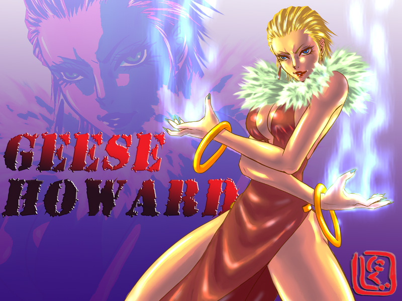 1girl bangle bare_legs blonde_hair blue_fire bracelet breasts cleavage dress earrings fatal_fury feather_boa fire geese_howard genderswap jewelry king_of_fighters lipstick makeup midnight_bliss nail_polish nikuji-kun red_dress short_hair side_slit slicked_back_hair solo thighs zoom_layer