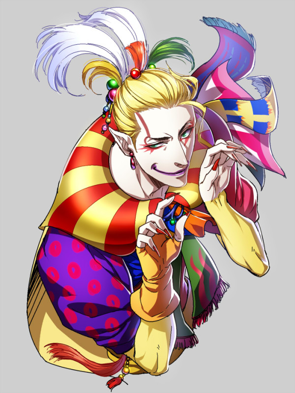 1boy blonde_hair cape cefca_palazzo clown final_fantasy final_fantasy_vi fingerless_gloves gloves green_eyes kuren lipstick long_hair makeup ponytail scarf solo