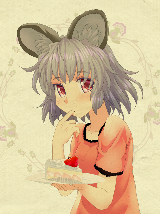 1girl animal_ears blush cake finger_in_mouth finger_to_mouth food grey_hair ishikkoro mouse_ears nazrin plate red_eyes short_hair solo strawberry_shortcake t-shirt touhou