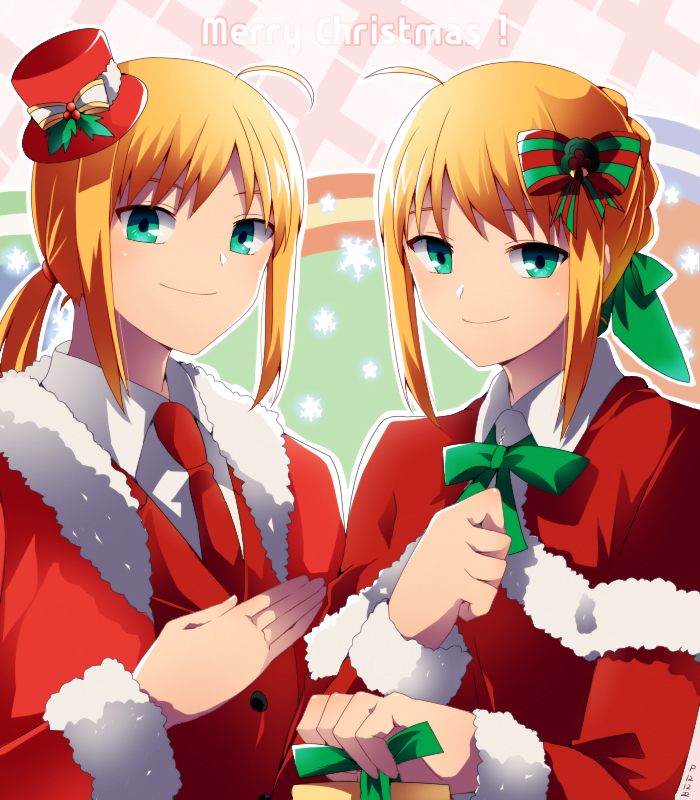 2girls ahoge blonde_hair capelet christmas dual_persona fate/stay_night fate/zero fate_(series) formal green_eyes hair_ribbon hat long_hair mini_top_hat mmm_ss multiple_girls necktie ponytail ribbon saber suit top_hat