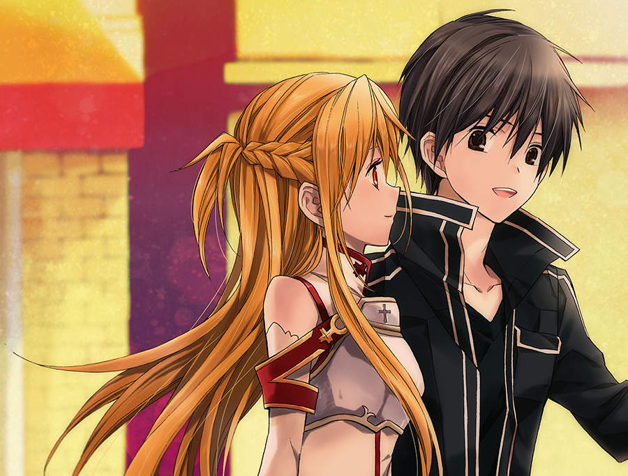 1boy 1girl asuna_(sao) black_eyes black_hair braid breastplate brown_eyes brown_hair couple kirito long_hair sasaki_yuki short_hair sword_art_online yuuki_asuna