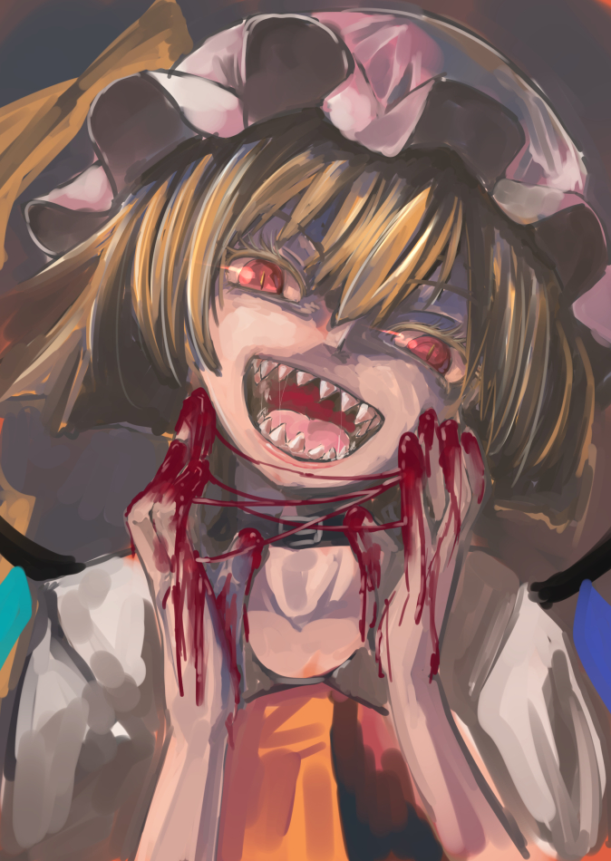 1girl blonde_hair blood bust flandre_scarlet hat open_mouth red_eyes sharp_teeth slit_pupils smile solo touhou wings yohane