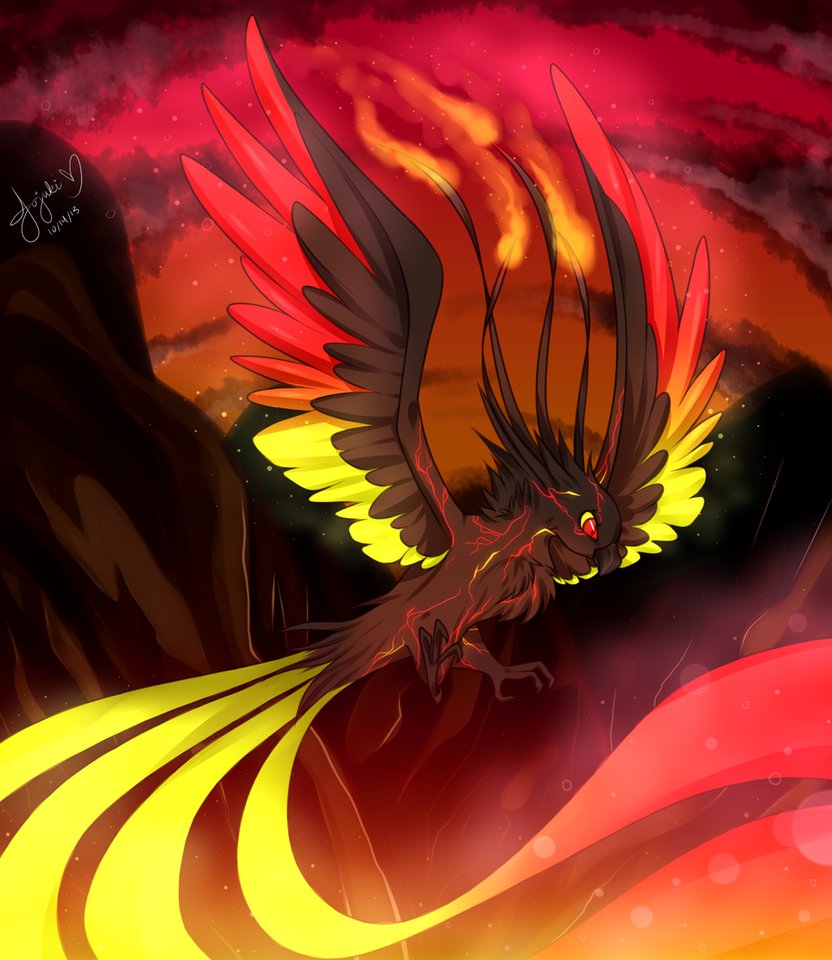 animal bird black_feathers claws embers feathers fire jojuki-chan magma no_humans no_people original phoenix red_eyes sarah_(sinamuna) sky smoke solo tail talons veins volcano wings yellow_sclera