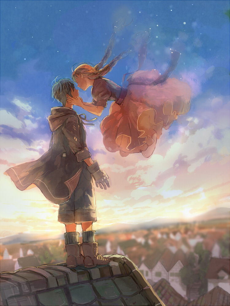 1boy 1girl blonde_hair blurry braid cityscape couple depth_of_field floating gloves hands_on_another's_cheeks hands_on_another's_face hoodie incipient_kiss light_particles original pon_(cielo) profile rooftop sky star_(sky) starry_sky sunset town twin_braids