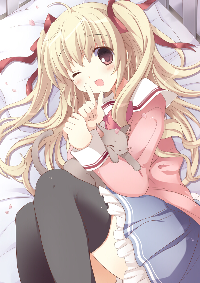 1girl ahoge bed black_legwear blonde_hair cat hair_ribbon long_hair on_bed on_side open_mouth original pillow pirika raised_finger red_eyes ribbon skirt smile solo thigh-highs twintails wink