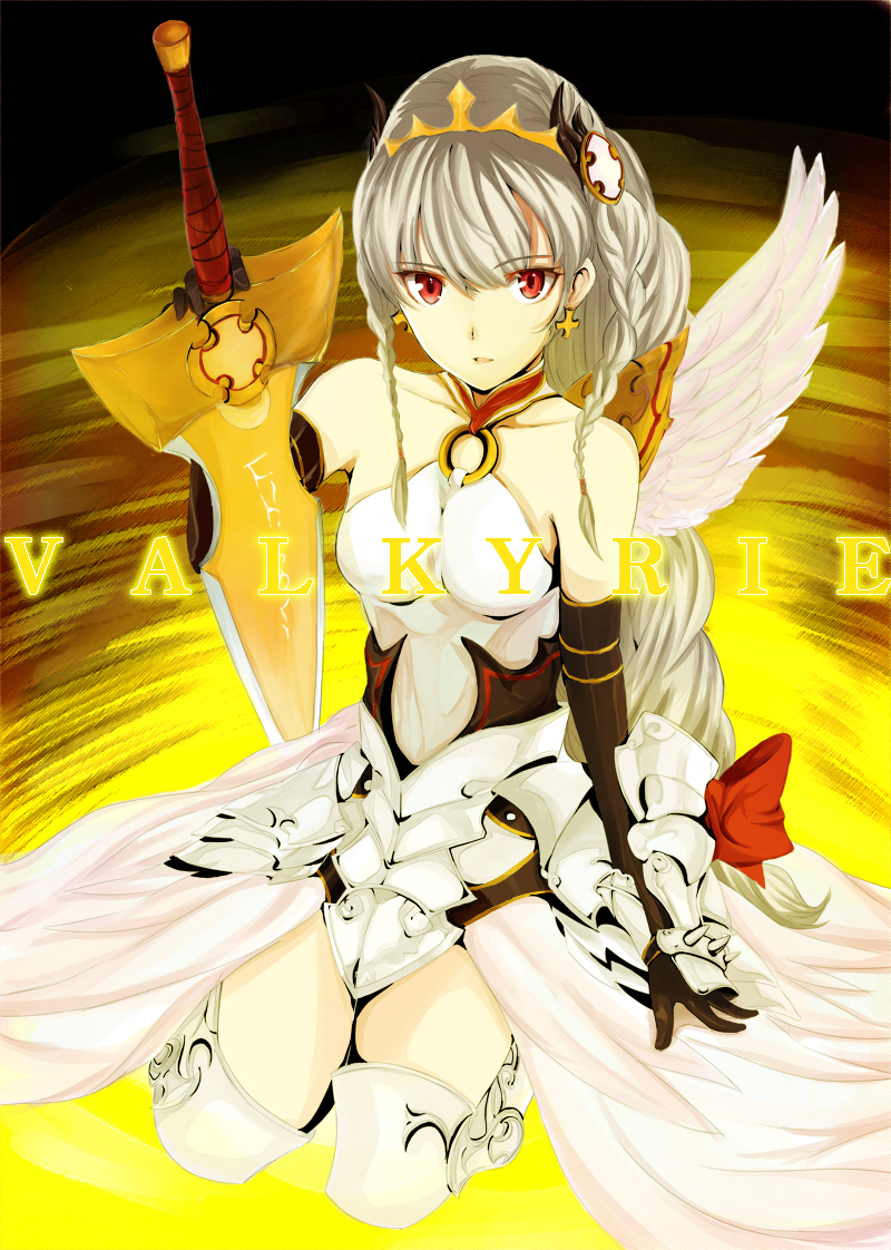 1girl armor braid earrings jewelry kneeling marvelstar puzzle_&amp;_dragons red_eyes sword valkyrie_(p&amp;d) weapon white_hair