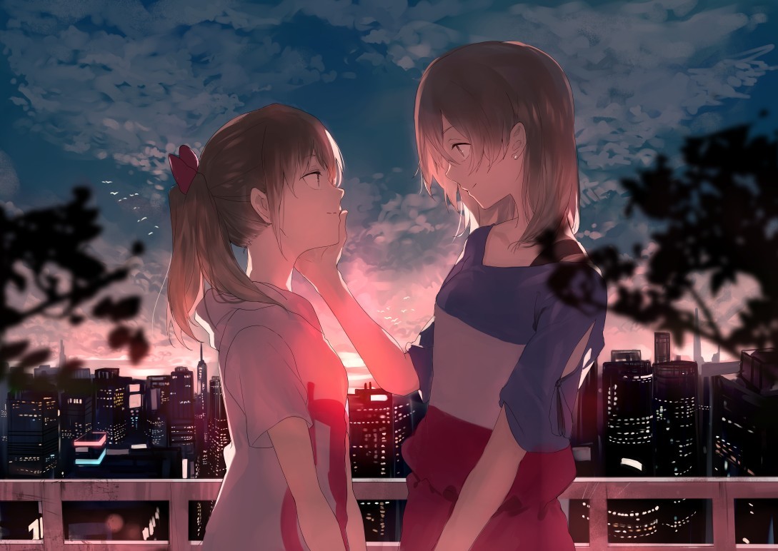 2girls balcony bird blurry brown_eyes brown_hair cityscape clouds couple depth_of_field earrings hand_on_another's_cheek hand_on_another's_face hoodie jewelry light_smile long_hair looking_at_another multiple_girls original ponytail ran_(pixiv2957827) short_hair sky tree_branch twilight yuri